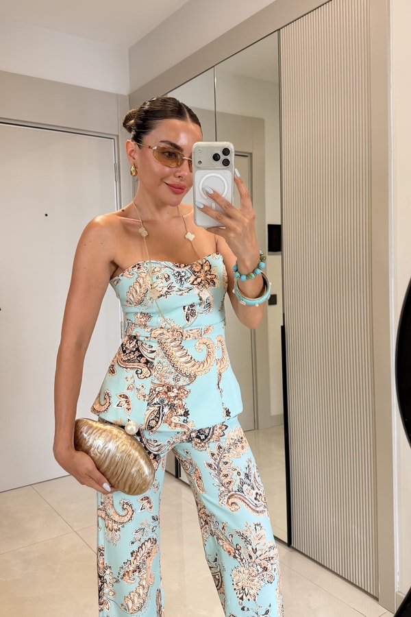 İbiza Mavi Kemerli Şal Desen Straplez Bluz Pantolon Takım