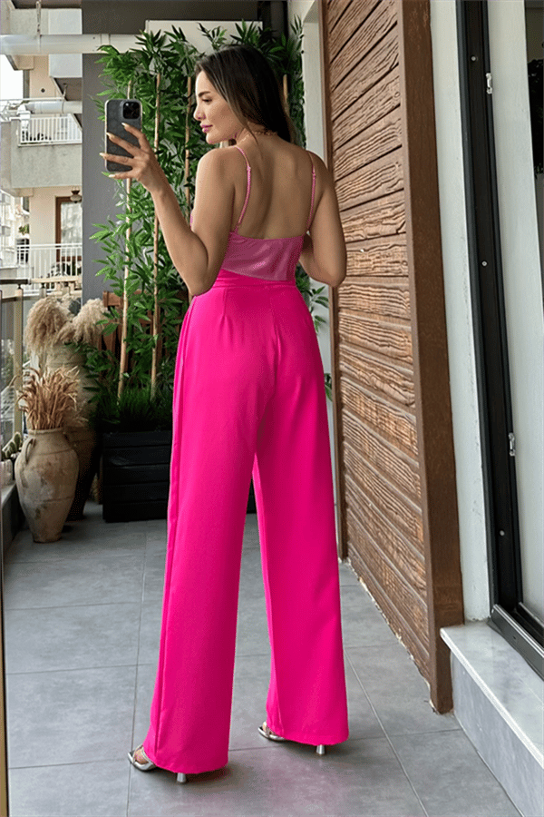 İki pileli bel detaylı pembe palazzo pantolon