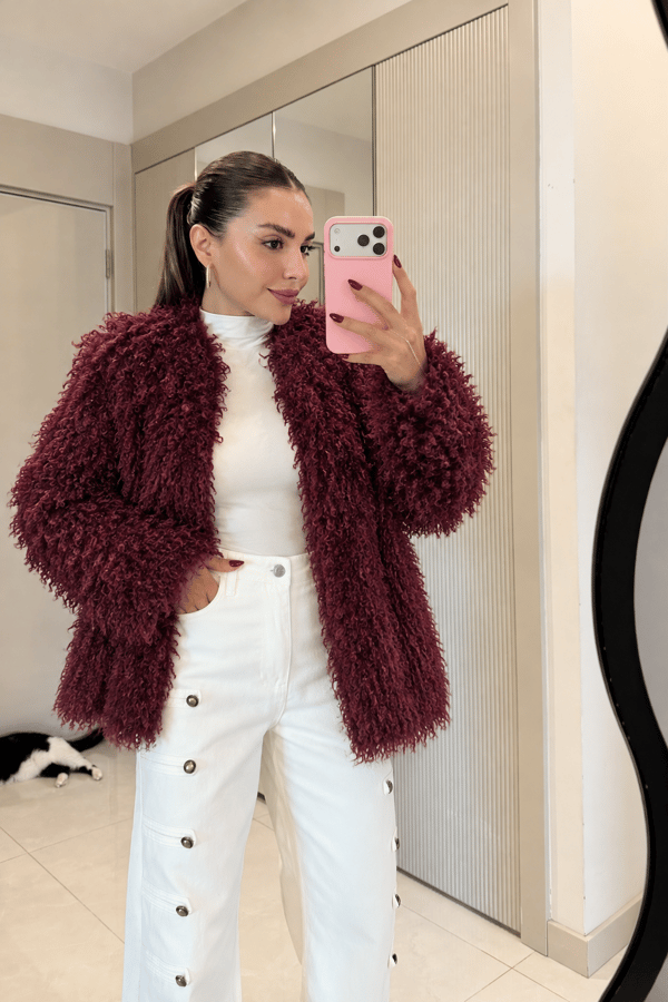 Jadon Bordo Kıvırcık Peluş Kürk