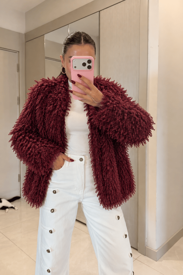 Jadon Bordo Kıvırcık Peluş Kürk