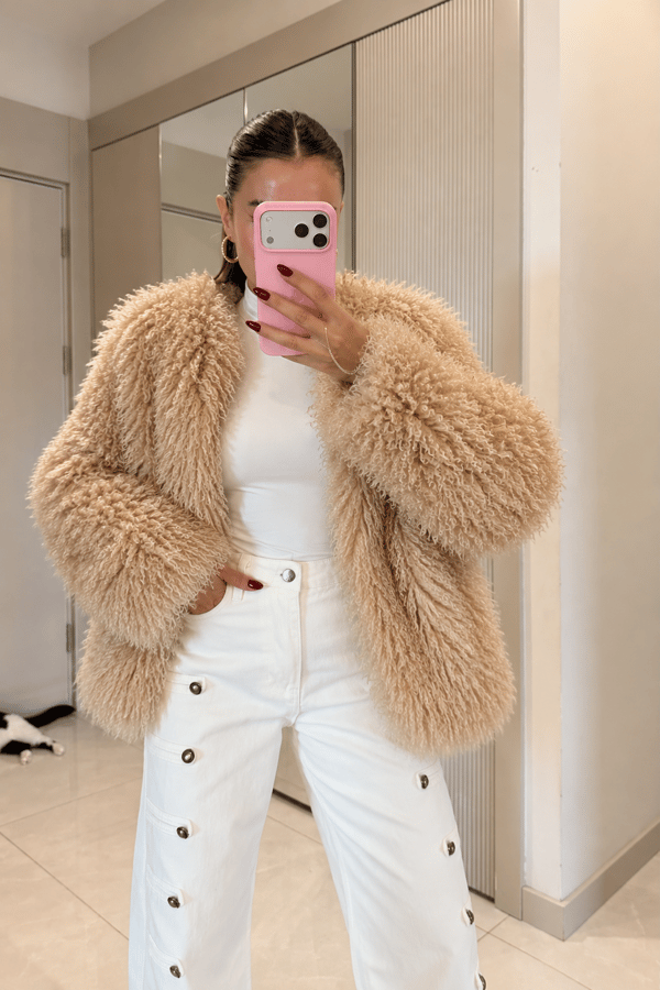 Jadon Koyu Bej Kıvırcık Peluş Kürk