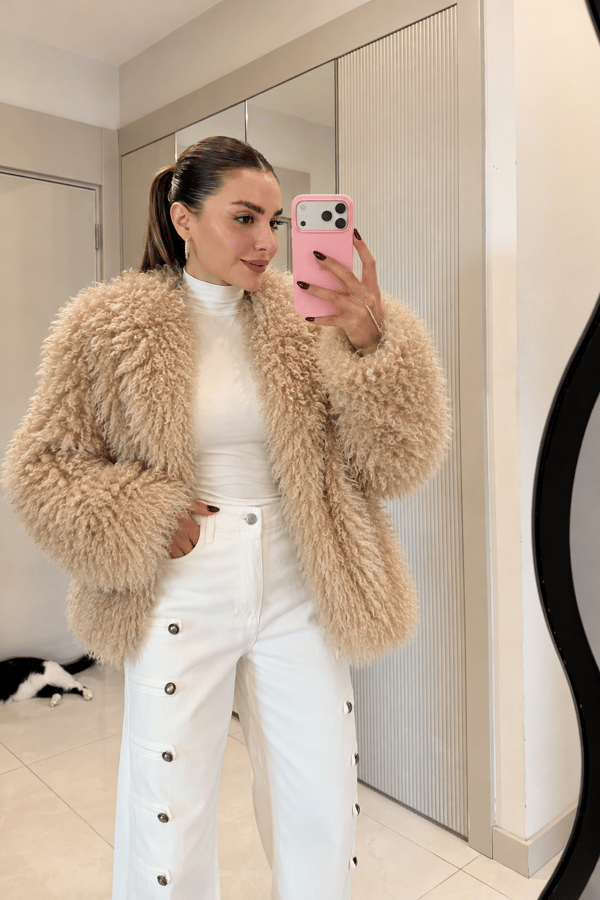 Jadon Koyu Bej Kıvırcık Peluş Kürk