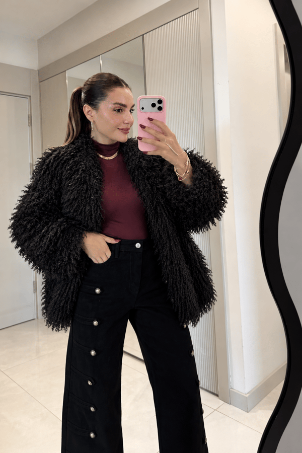 Jadon Siyah Kıvırcık Peluş Kürk