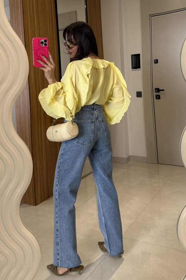 Jamaika Çapraz Düğmeli Midblue Jean