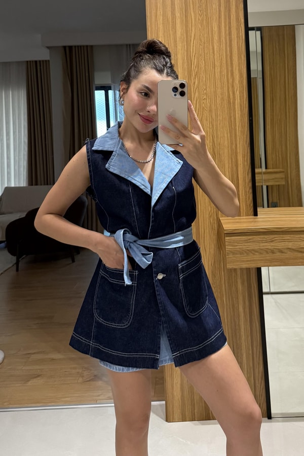 James Mini Etekli Denim Yelek Takım