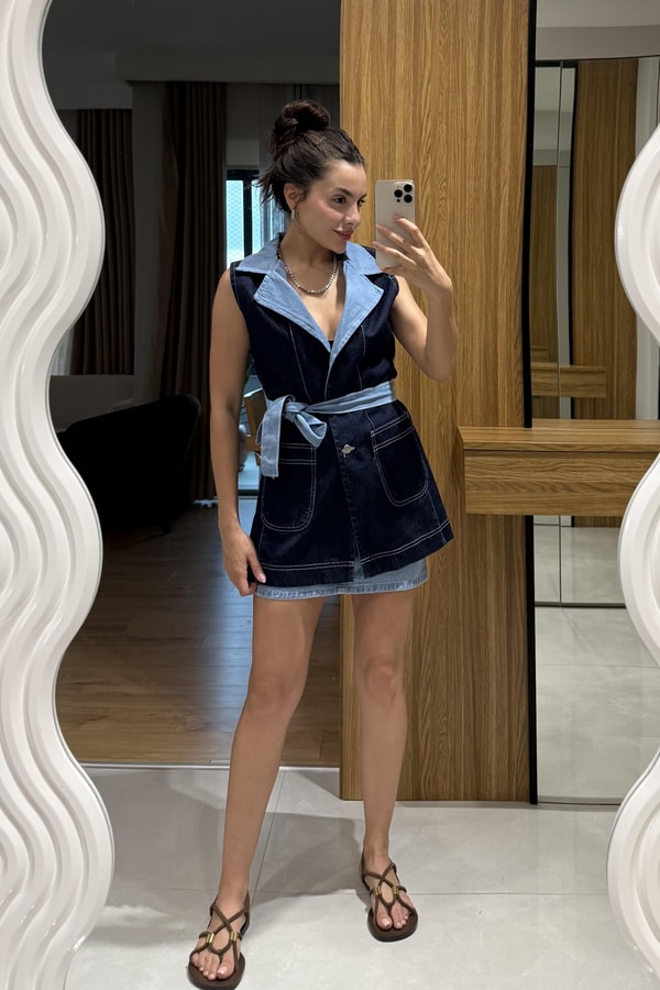 James Mini Etekli Denim Yelek Takım