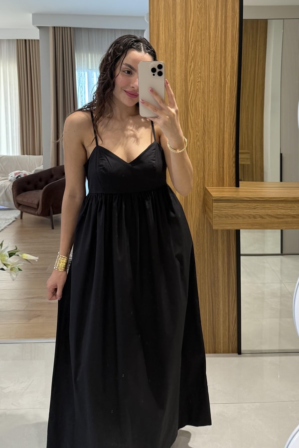 Jamile Siyah Askılı Poplin Elbise 