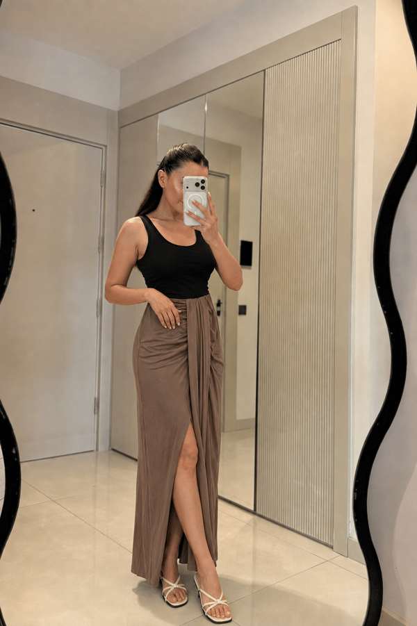 Janna Camel Modal Büzgülü Etek