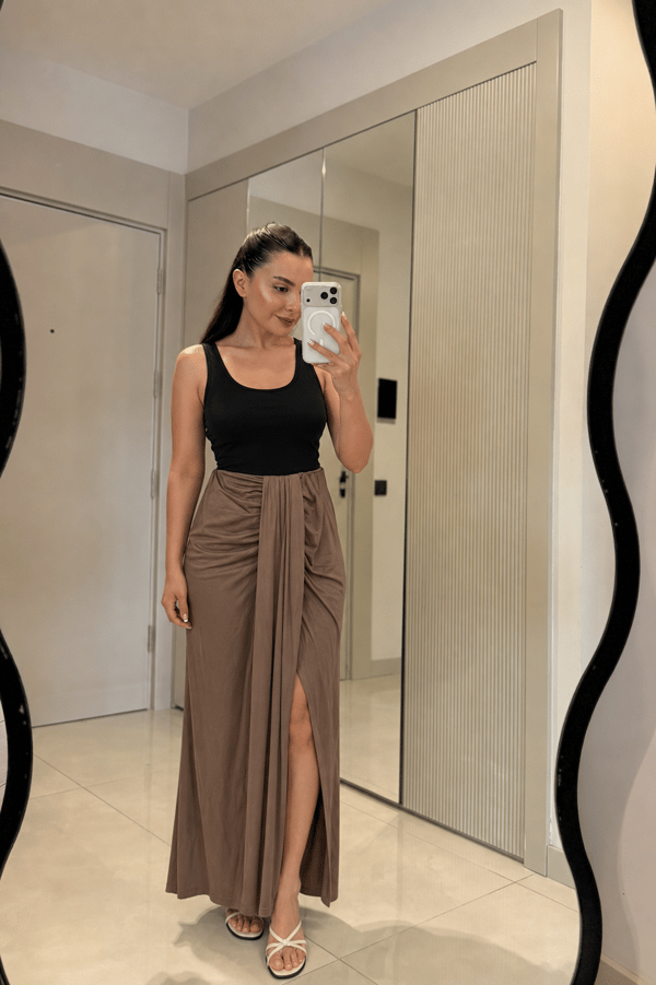 Janna Camel Modal Büzgülü Etek