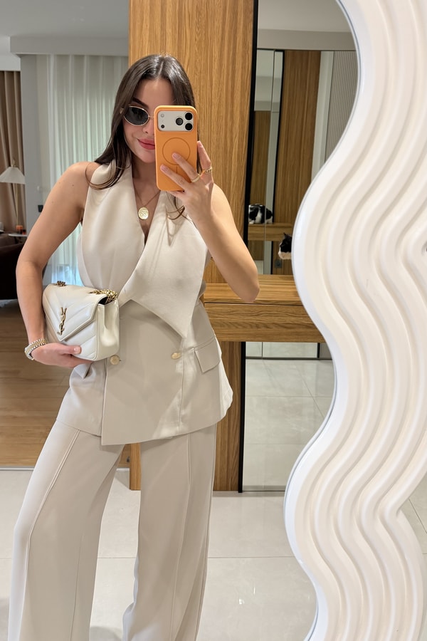 Jasmine Bej Premium Yelekli Şık Takım