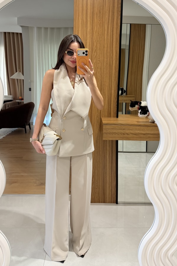 Jasmine Bej Premium Yelekli Şık Takım