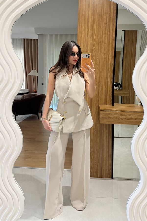 Jasmine Bej Premium Yelekli Şık Takım