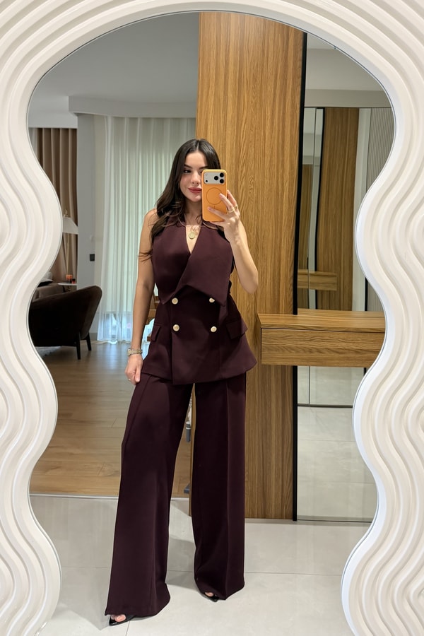 Jasmine Mürdüm Premium Yelekli Şık Takım