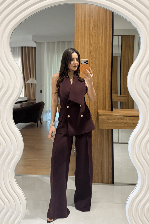 Jasmine Mürdüm Premium Yelekli Şık Takım