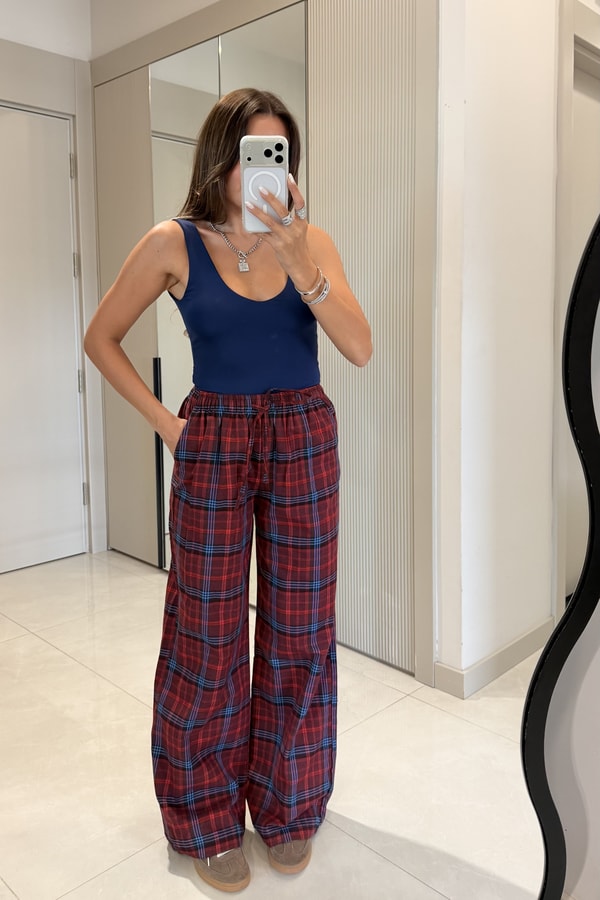 Jawed Kırmızı Ekose Desenli Beli Lastikli Pantolon