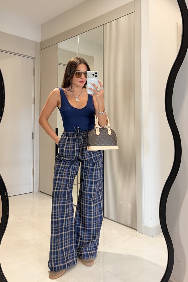 Jawed Lacivert Ekose Desenli Beli Lastikli Pantolon