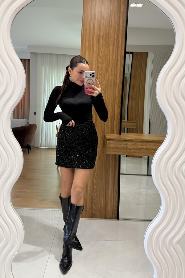 Jena Siyah Mini Payet Etek