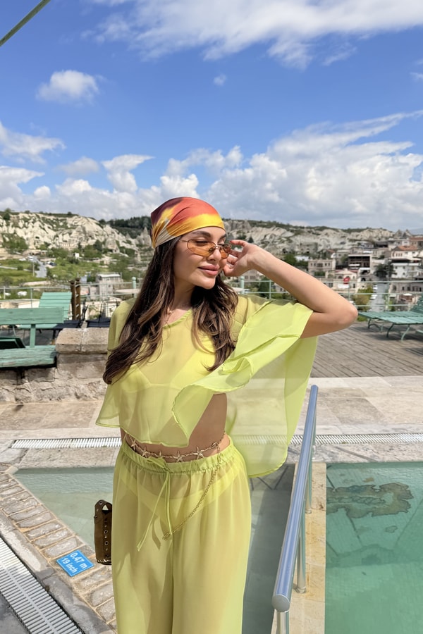 Jennifer Yeşil Pelerinli Şifon Takım