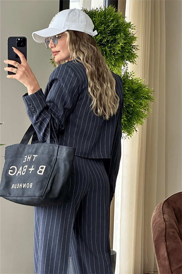 Jessie çizgili mini blazer ceketli takım -Lacivert