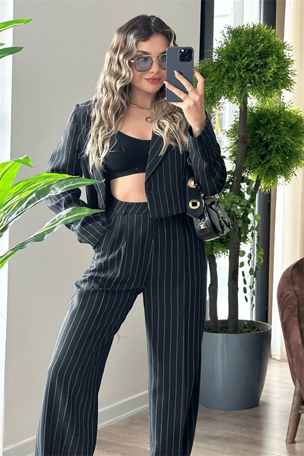 Jessie çizgili mini blazer ceketli takım - Siyah