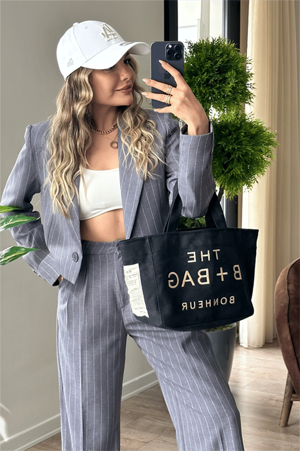 Jessie çizgili mini blazer ceketli takım - Gri