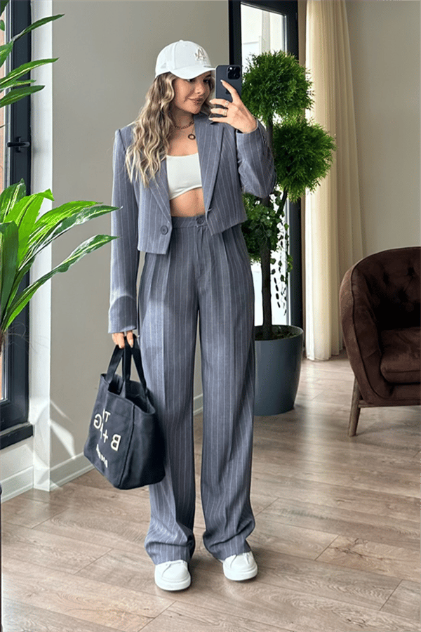 Jessie çizgili mini blazer ceketli takım - Gri