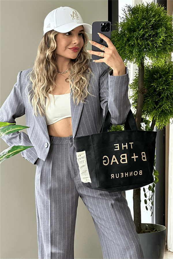 Jessie çizgili mini blazer ceketli takım - Gri
