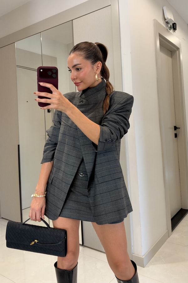 Joelle Antrasit Çizgili Dik Yaka Düğmeli Ceket