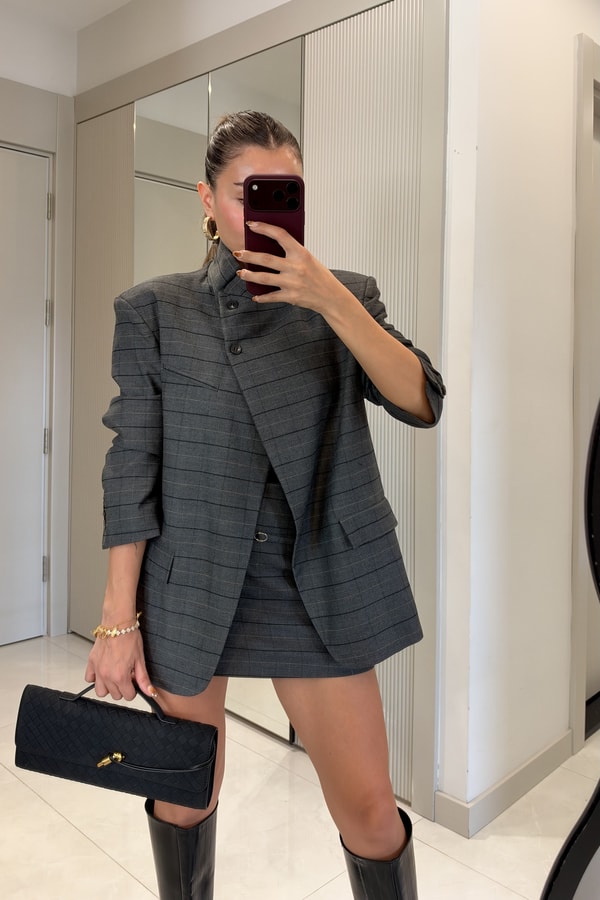Joelle Antrasit Çizgili Dik Yaka Düğmeli Ceket