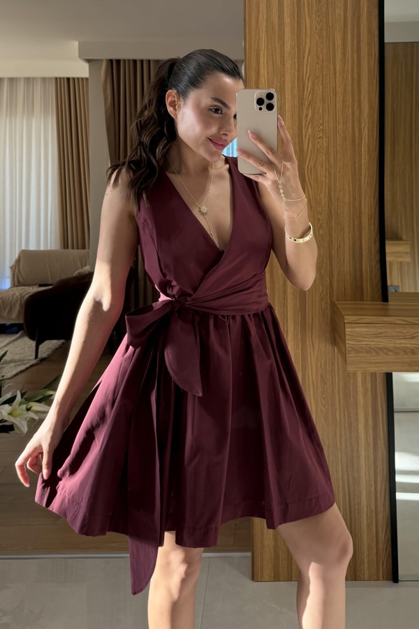 Joi Bordo Kuşaklı Poplin Elbise