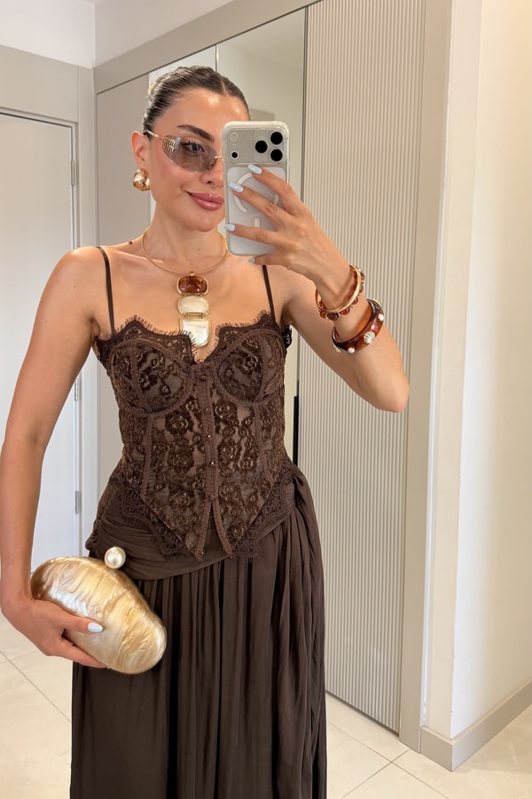 Jolanka Kahve Dantel İthal Korse Büstiyer