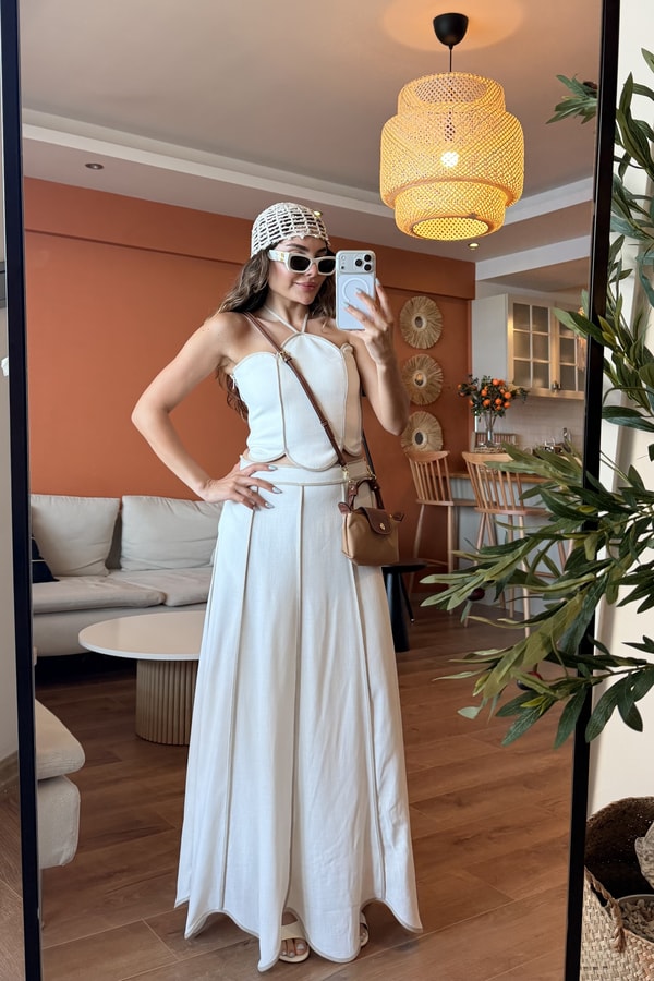 Jolie Ekru Biye Detaylı Premium Keten Takım