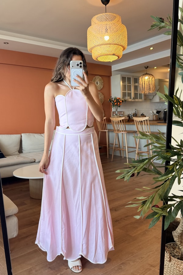 Jolie Pembe Biye Detaylı Premium Keten Takım