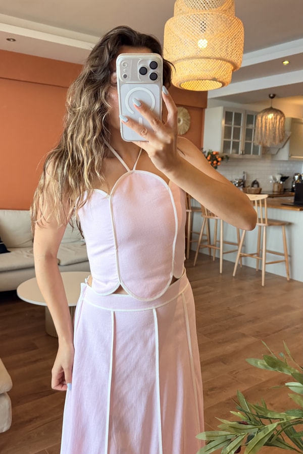Jolie Pembe Biye Detaylı Premium Keten Takım