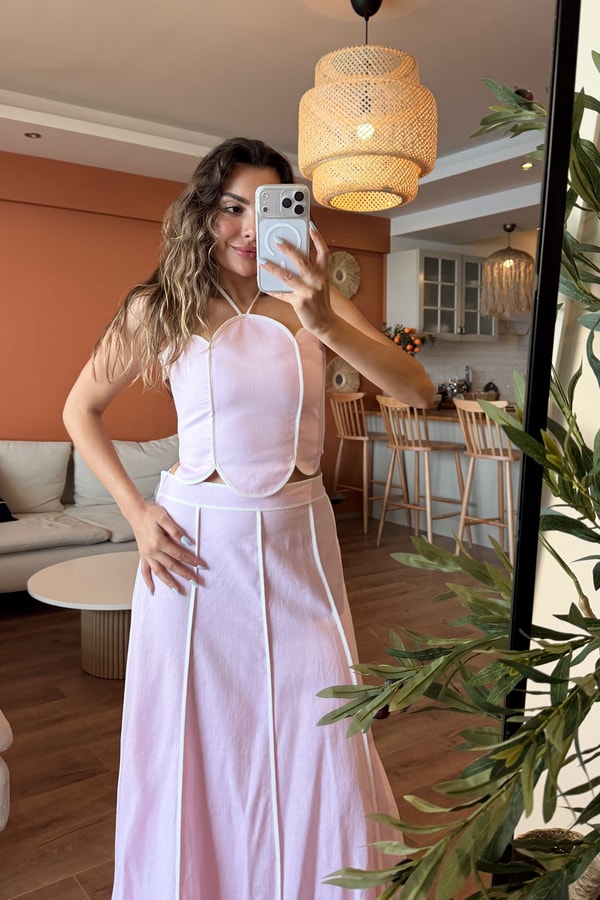 Jolie Pembe Biye Detaylı Premium Keten Takım