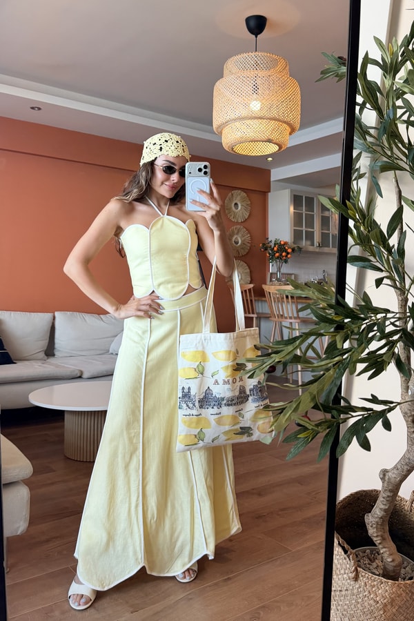 Jolie Sarı Biye Detaylı Premium Keten Takım