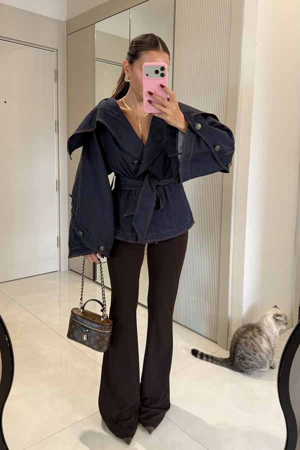 Josse Denim Kuşaklı Geniş Yaka Ceket