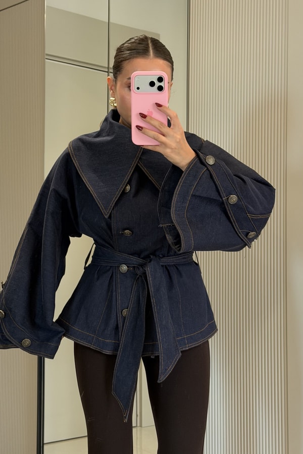 Josse Denim Kuşaklı Geniş Yaka Ceket