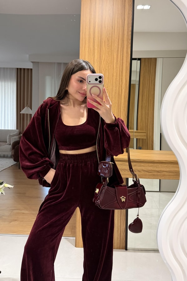 Jovie Bordo Kadife Üçlü Takım