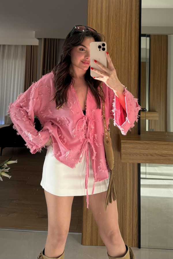 Juel Pembe Püsküllü Bağlamalı Gömlek
