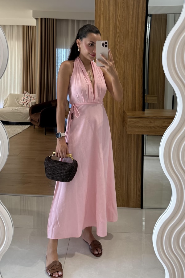 Julianna Pembe Sırt Dekolteli Kuşaklı Keten Elbise