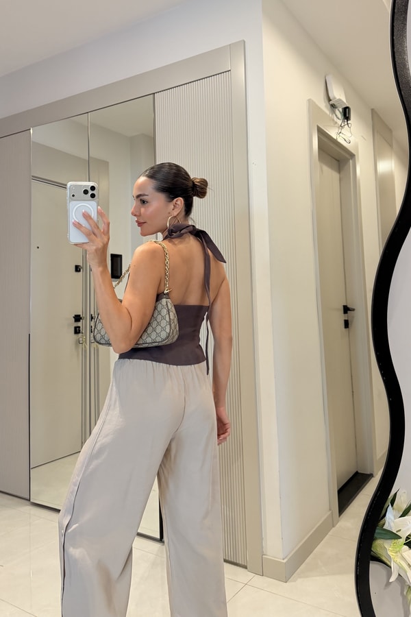 Noir Kahve Halter Yaka Sırt Dekolteli Yelek