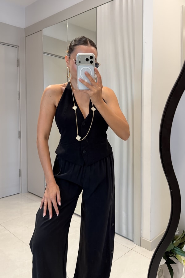 Juliette Siyah Sırt Dekolteli Bağlamalı Yelek