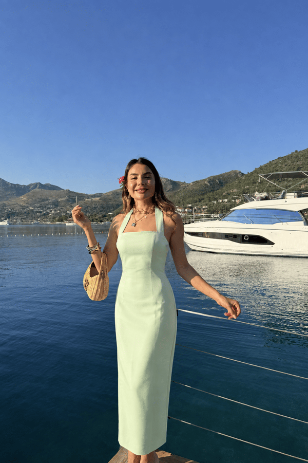 Jupiter Mint Boyun Askılı Krep Elbise