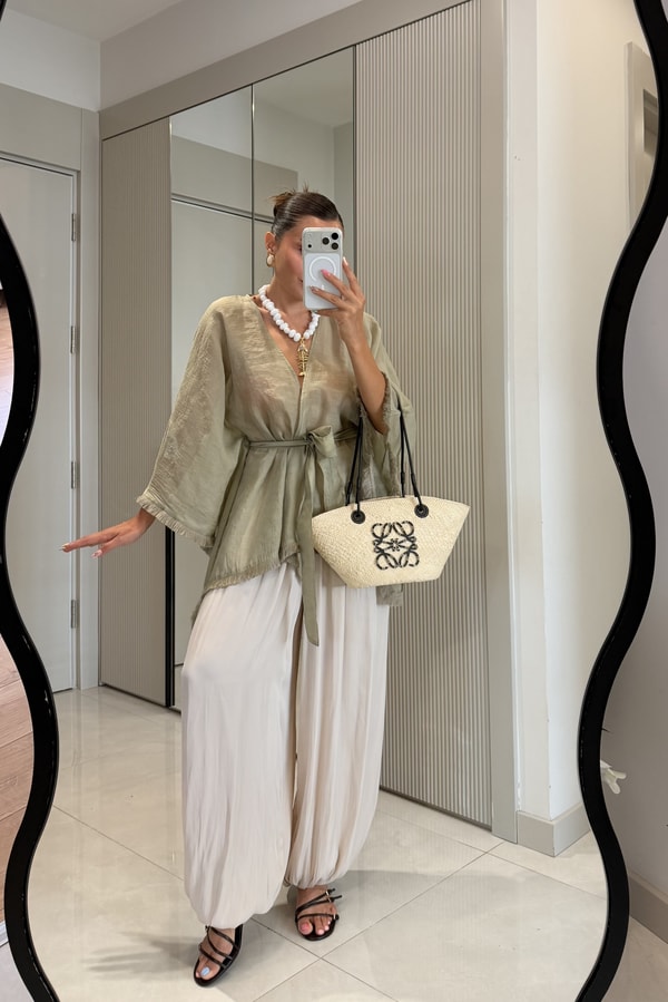 Kalie Haki Kuşaklı Püsküllü Kimono Gömlek