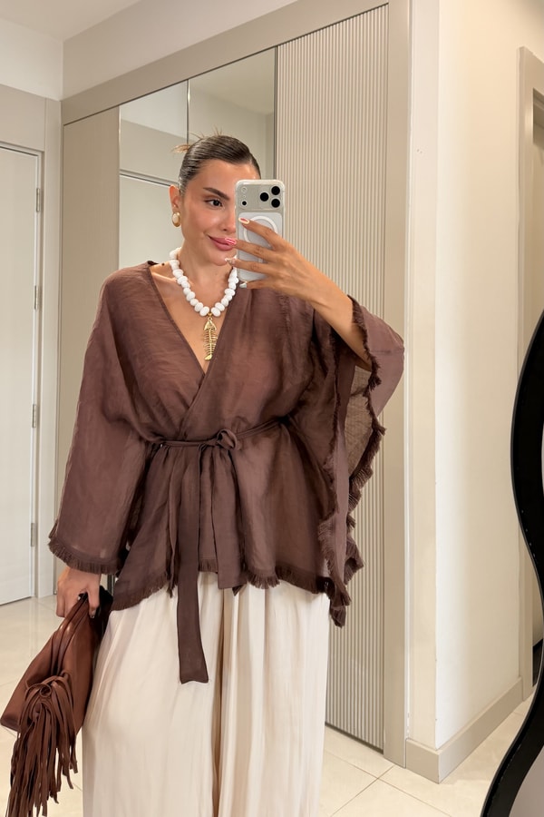 Kalie Kahve Kuşaklı Püsküllü Kimono Gömlek