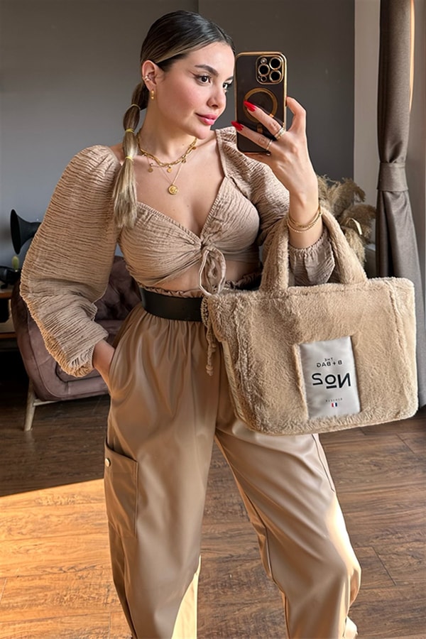 Karamel karpuz kol mini crop top