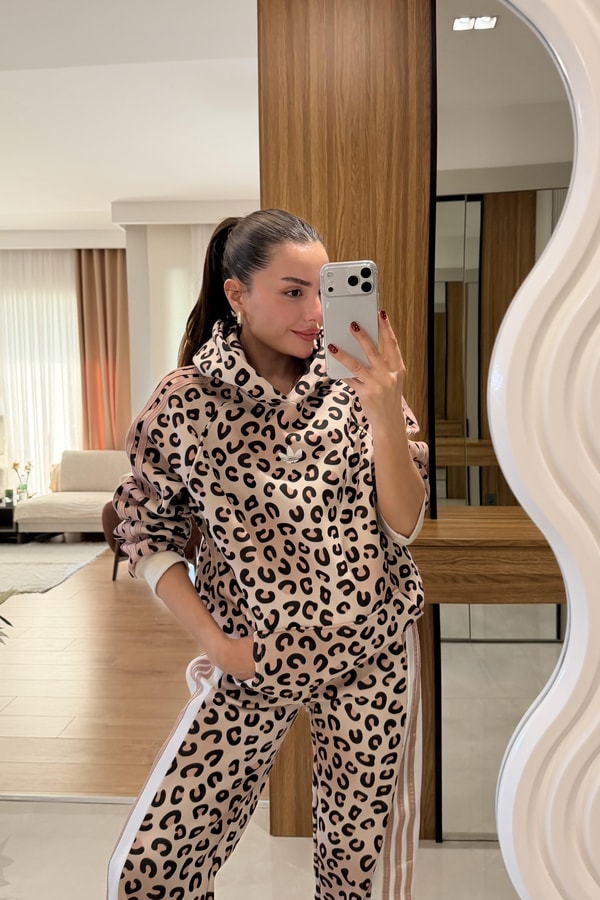 Katrusya Bej Leopar Şardonlu Eşofman Takımı