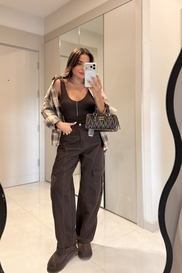 Kelly Kahve Kargo Cep Detaylı Baggy Jean