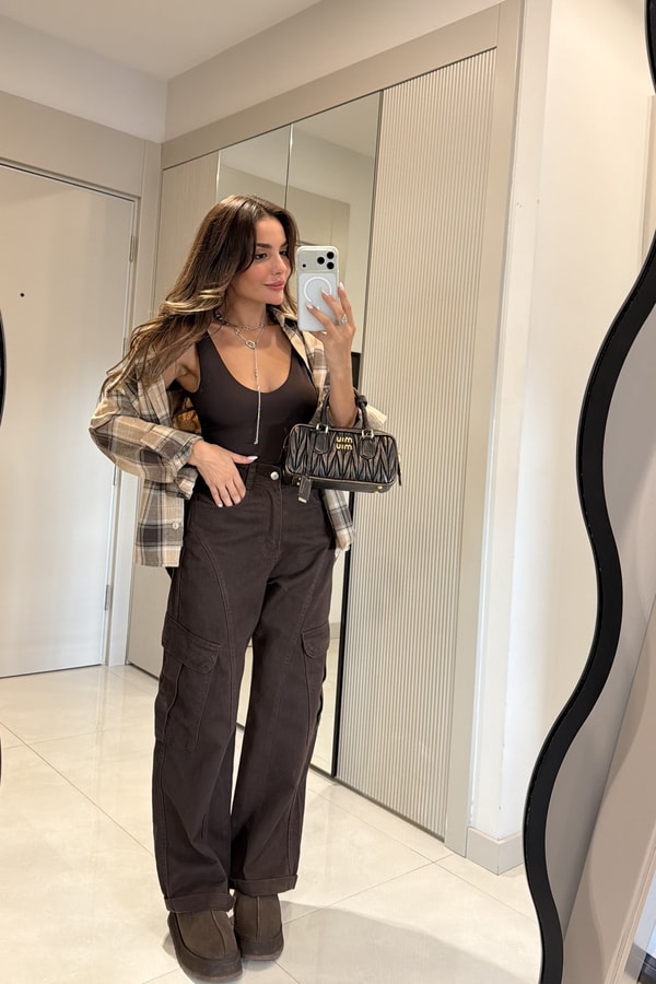 Kelly Kahve Kargo Cep Detaylı Baggy Jean